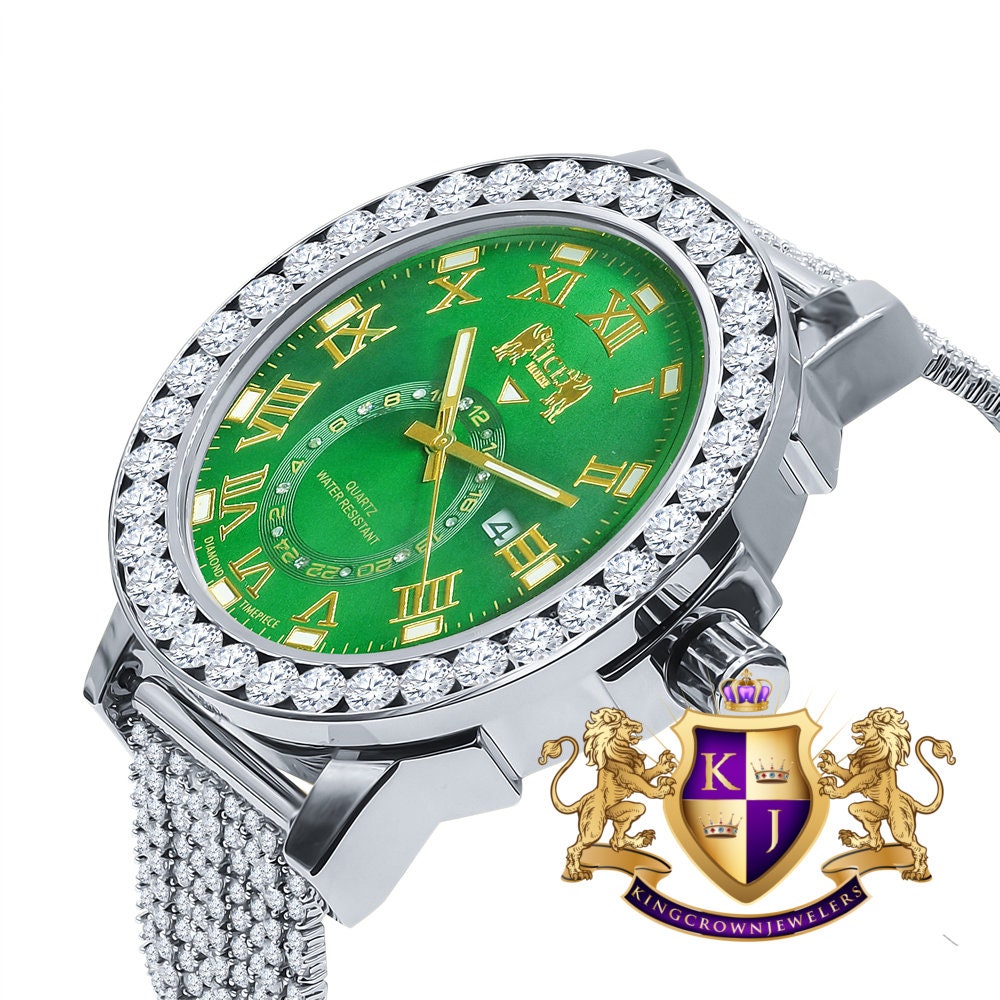 Mens Solitaire Real Diamond Dial Roman Emerald Green  Face White Tone Custom Bezel Band Watch XL 55mm W/Date
