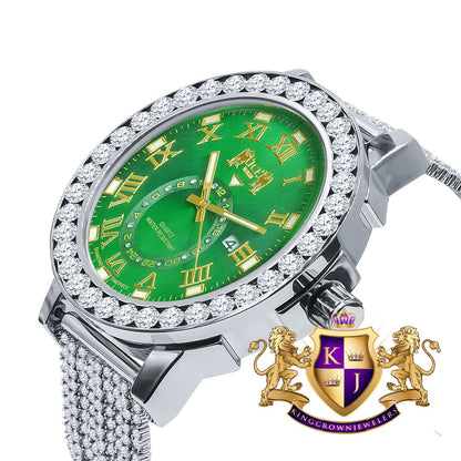 Mens Solitaire Real Diamond Dial Roman Emerald Green  Face White Tone Custom Bezel Band Watch XL 55mm W/Date