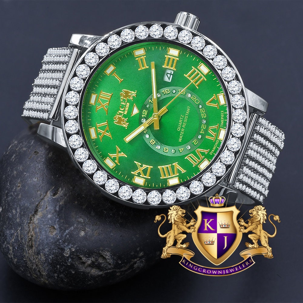 Mens Solitaire Real Diamond Dial Roman Emerald Green  Face White Tone Custom Bezel Band Watch XL 55mm W/Date