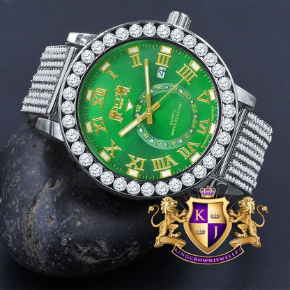 Mens Solitaire Real Diamond Dial Roman Emerald Green  Face White Tone Custom Bezel Band Watch XL 55mm W/Date