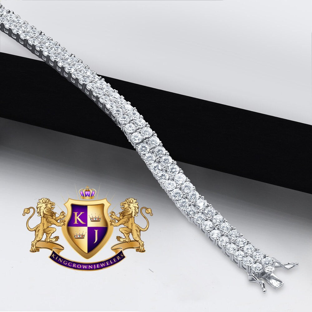 Unisex Real White Gold On Genuine Sterling Silver Simulated Diamond 2 Row Tennis Link Bracelet 8''