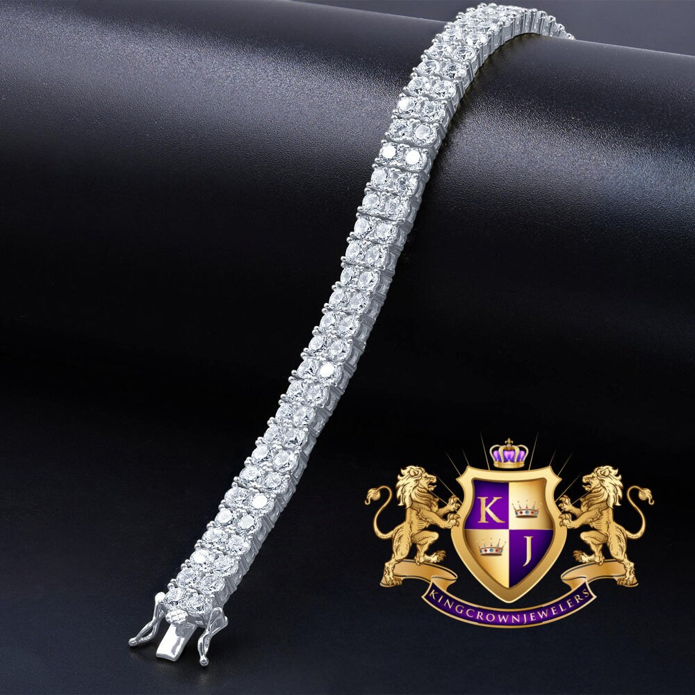 Unisex Real White Gold On Genuine Sterling Silver Simulated Diamond 2 Row Tennis Link Bracelet 8''