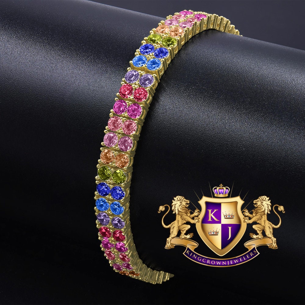 High Quality Rainbow Multi Tone 14K Yellow Gold Finish Simulated Diamond 2 Row Tennis Bracelet Unisex