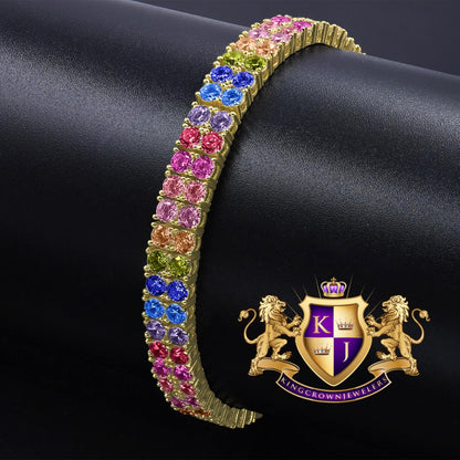 High Quality Rainbow Multi Tone 14K Yellow Gold Finish Simulated Diamond 2 Row Tennis Bracelet Unisex