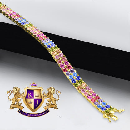 High Quality Rainbow Multi Tone 14K Yellow Gold Finish Simulated Diamond 2 Row Tennis Bracelet Unisex