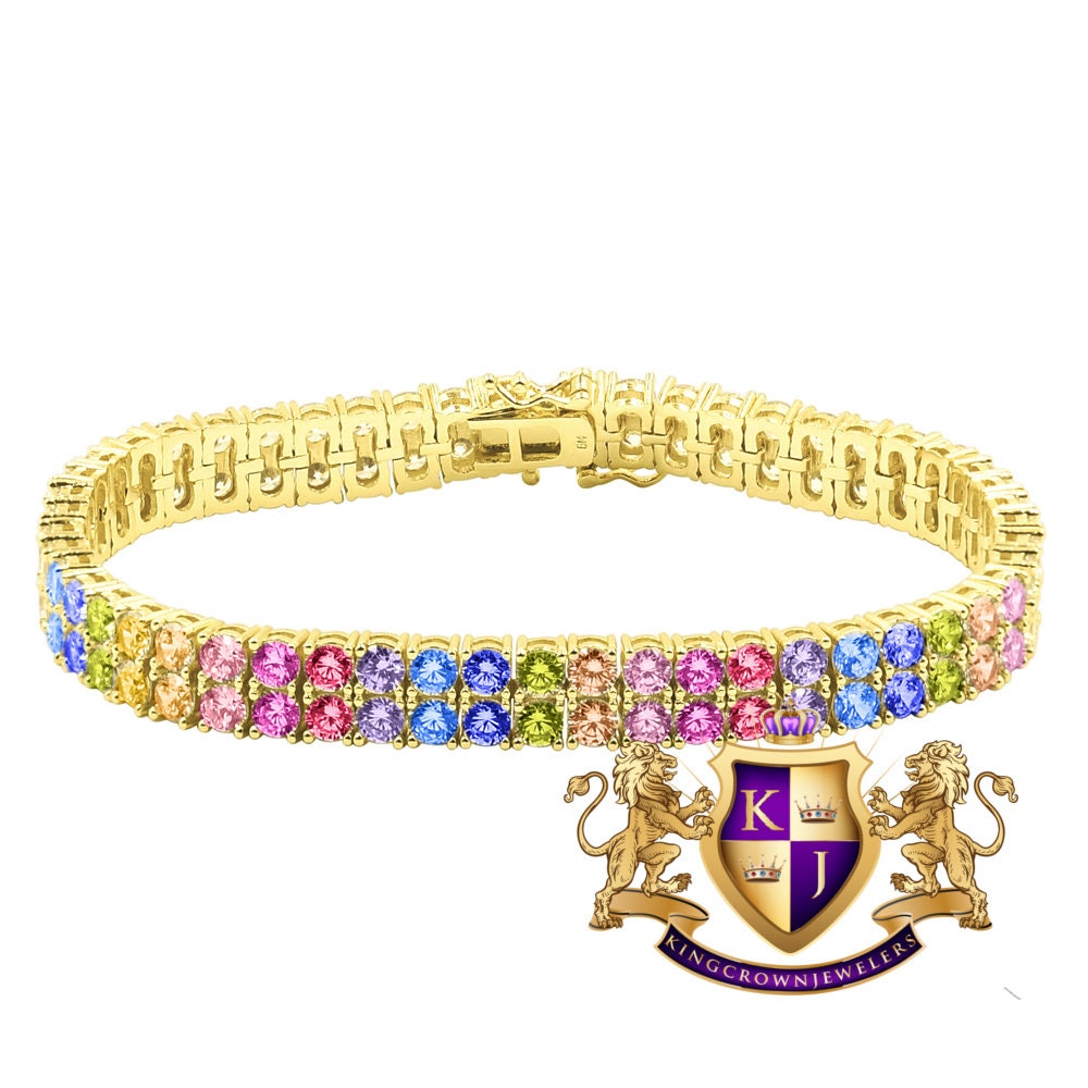 High Quality Rainbow Multi Tone 14K Yellow Gold Finish Simulated Diamond 2 Row Tennis Bracelet Unisex