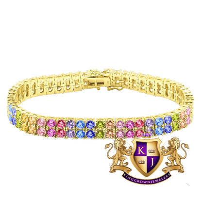 High Quality Rainbow Multi Tone 14K Yellow Gold Finish Simulated Diamond 2 Row Tennis Bracelet Unisex