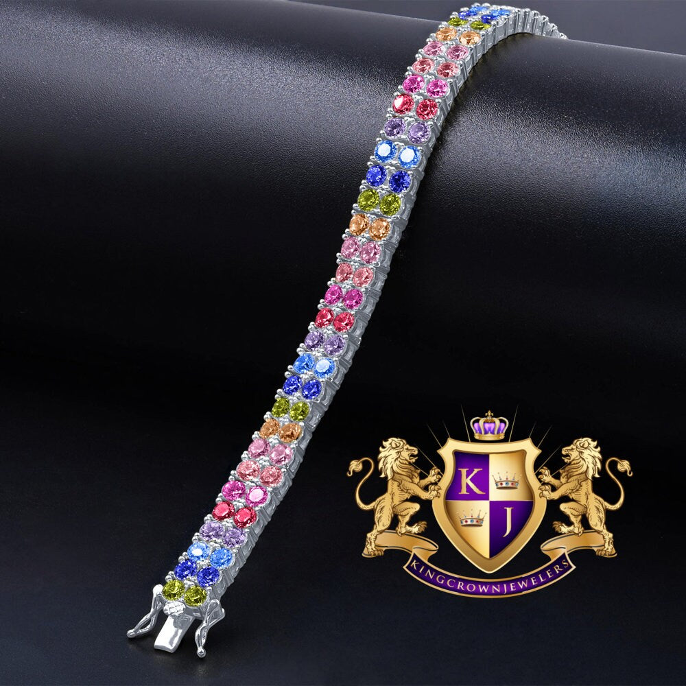 Rainbow Multi Tone White Gold Over Real Sterling Silver 2 Row Tennis Bracelet Unisex 8''