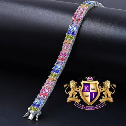 Rainbow Multi Tone White Gold Over Real Sterling Silver 2 Row Tennis Bracelet Unisex 8''