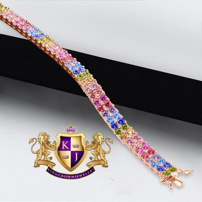 Rainbow Multi Tone 10K Rose Gold Over Real Sterling Silver 2 Row Tennis Bracelet Unisex 8''