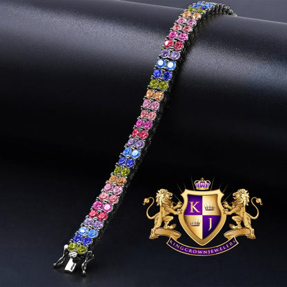 Rainbow Multi Tone 10K Black Gold Over Real Sterling Silver 2 Row Tennis Bracelet Unisex 8''
