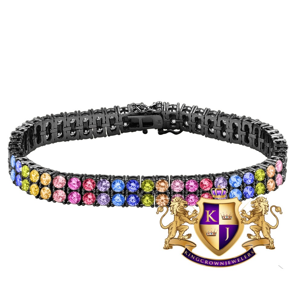 Rainbow Multi Tone 10K Black Gold Over Real Sterling Silver 2 Row Tennis Bracelet Unisex 8''