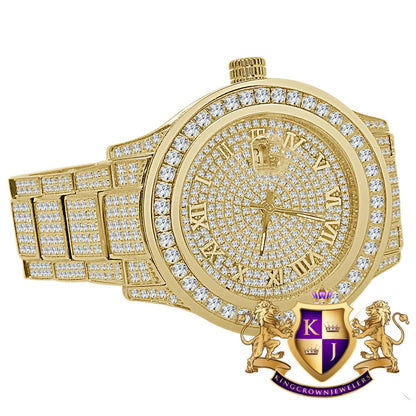 Mens Full Solid Stainless Steel Roman Numeral Face Yellow Gold Tone Simulated Diamond Watch 45mm