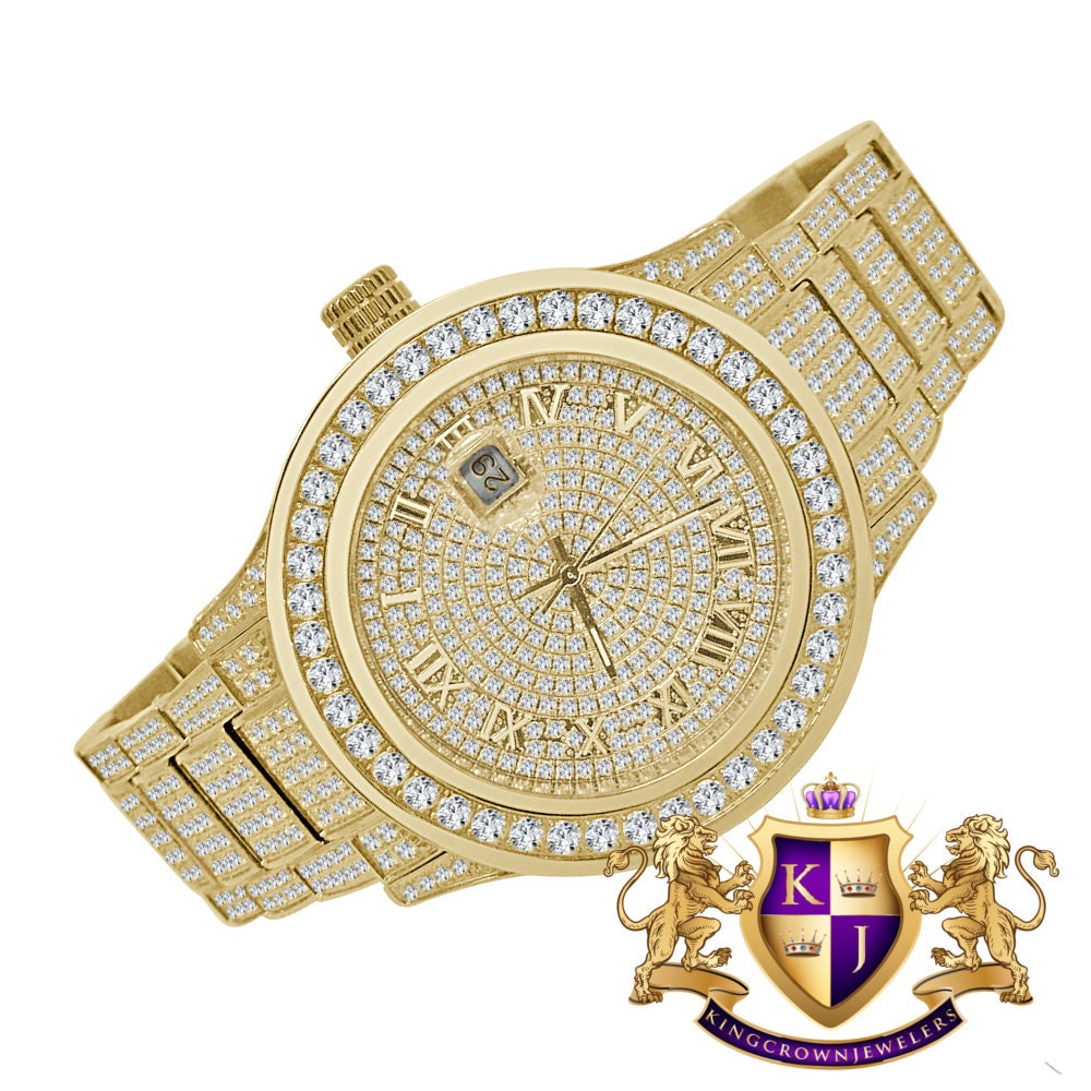 Mens Full Solid Stainless Steel Roman Numeral Face Yellow Gold Tone Simulated Diamond Watch 45mm