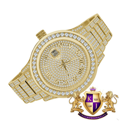 Mens Full Solid Stainless Steel Roman Numeral Face Yellow Gold Tone Simulated Diamond Watch 45mm