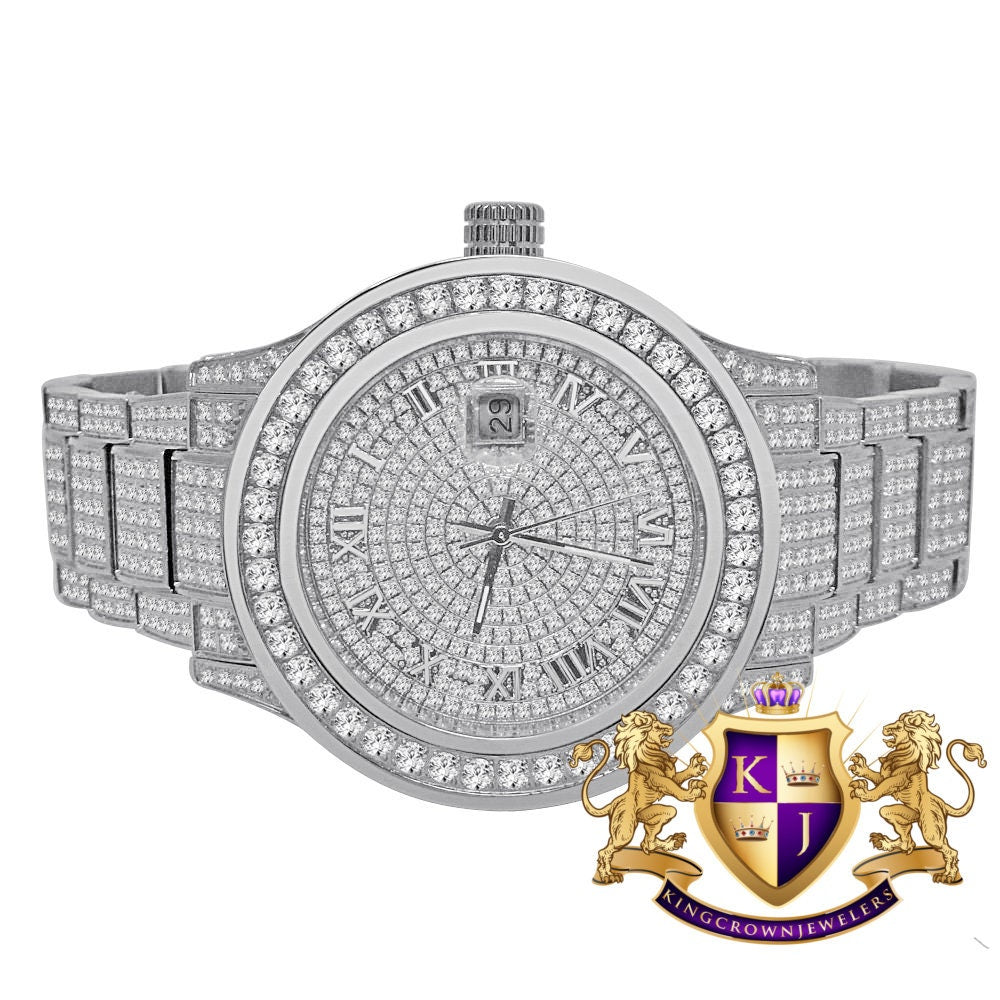 Mens Full Solid Stainless Steel Roman Numeral Face 18K White Gold Tone Simulated Diamond Watch 45mm