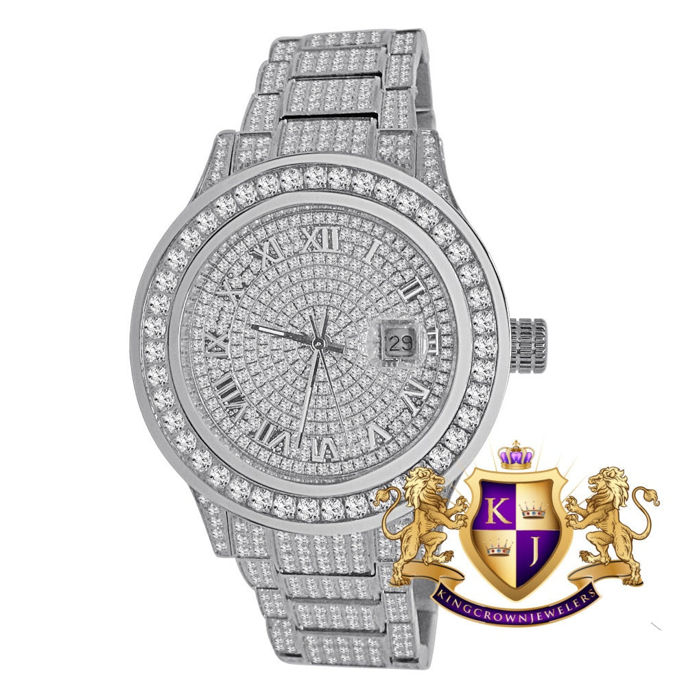 Mens Full Solid Stainless Steel Roman Numeral Face 18K White Gold Tone Simulated Diamond Watch 45mm