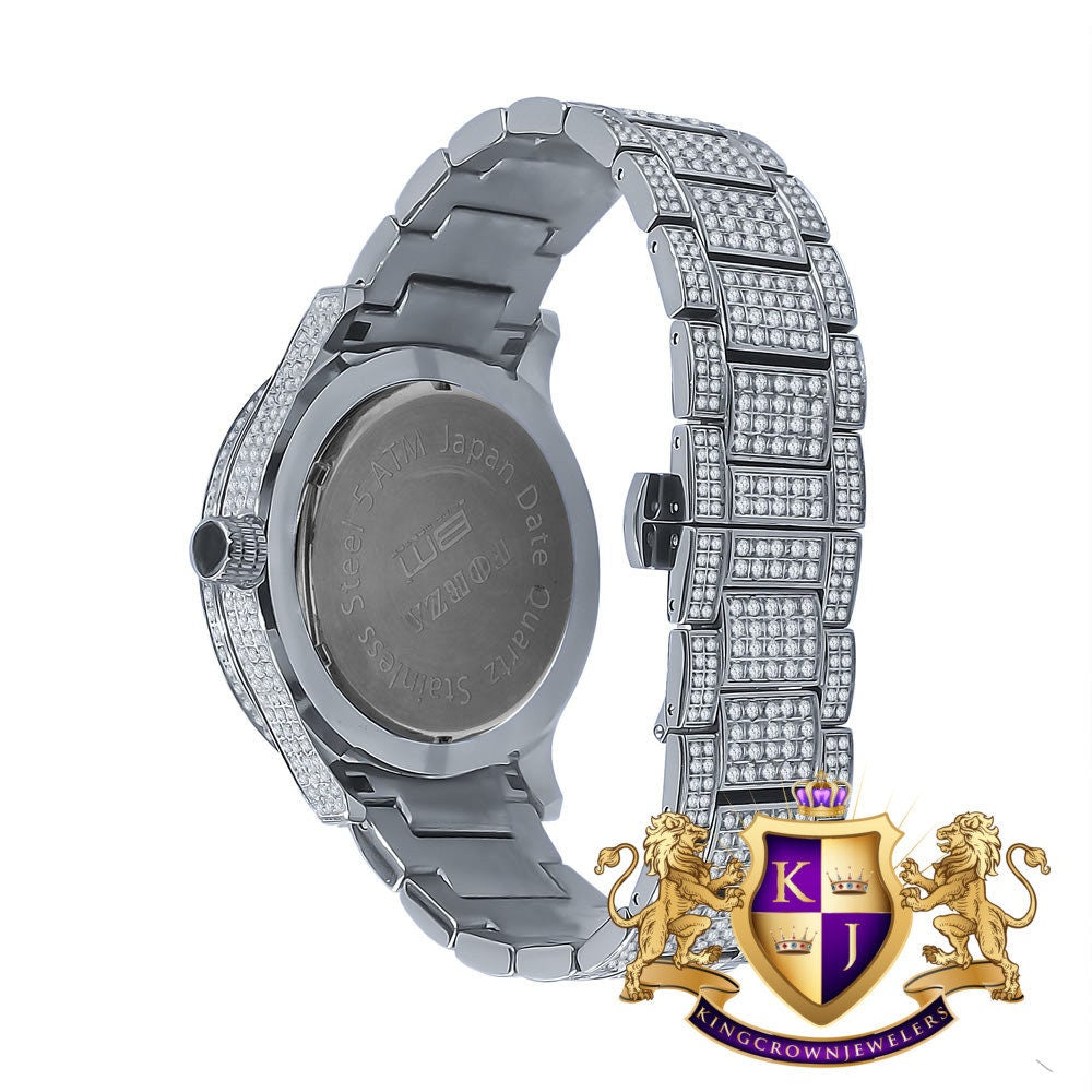 Mens Full Solid Stainless Steel Roman Numeral Face 18K White Gold Tone Simulated Diamond Watch 45mm