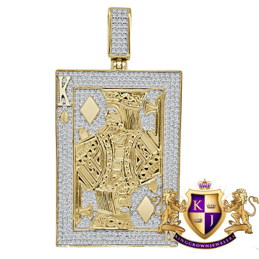 46+ Grams Real Yellow Gold Sterling Silver 2.50 Cwt. Simulated Diamond Mens Pendant Casino Royal King Poker Frame Charm Big 2.75 "