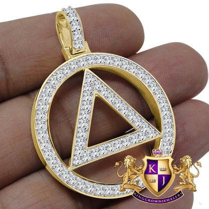 Real Sterling Silver Simulated Diamond Illuminati Eminem Triangle Sign 10K Yellow Gold Finish Pendant Charm 2''
