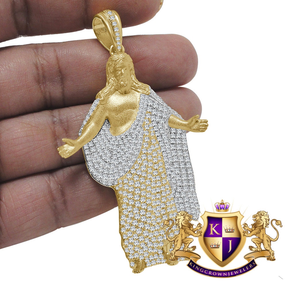 31+ Grams Big 3'' Real Genuine Sterling Silver 14k Gold Finish Jesus Christ Redeemer Statue Full Body Simulated Diamond Custom Charm Pendant