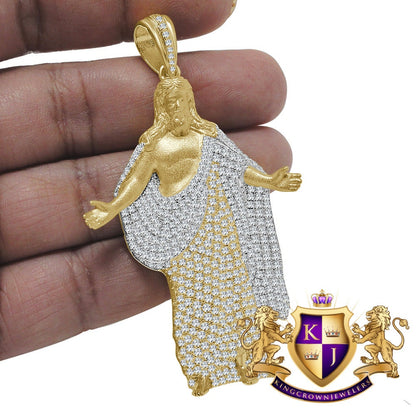 31+ Grams Big 3'' Real Genuine Sterling Silver 14k Gold Finish Jesus Christ Redeemer Statue Full Body Simulated Diamond Custom Charm Pendant