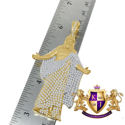 31+ Grams Big 3'' Real Genuine Sterling Silver 14k Gold Finish Jesus Christ Redeemer Statue Full Body Simulated Diamond Custom Charm Pendant