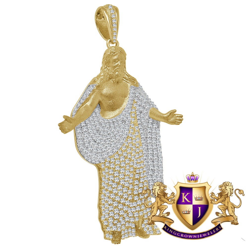 31+ Grams Big 3'' Real Genuine Sterling Silver 14k Gold Finish Jesus Christ Redeemer Statue Full Body Simulated Diamond Custom Charm Pendant