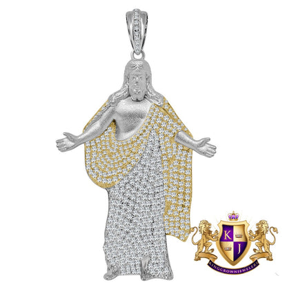 Big XL 3'' Genuine White Gold On Sterling Silver Jesus Crist Full Body Simulated Diamond Custom Charm Pendent