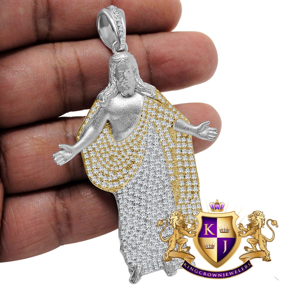 Big XL 3'' Genuine White Gold On Sterling Silver Jesus Crist Full Body Simulated Diamond Custom Charm Pendent