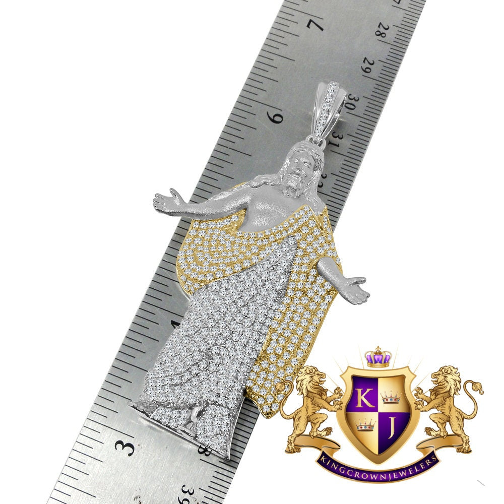 Big XL 3'' Genuine White Gold On Sterling Silver Jesus Crist Full Body Simulated Diamond Custom Charm Pendent