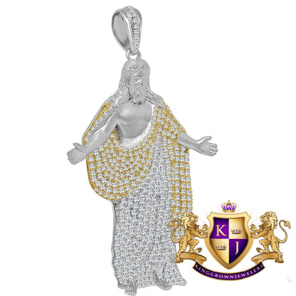 Big XL 3'' Genuine White Gold On Sterling Silver Jesus Crist Full Body Simulated Diamond Custom Charm Pendent