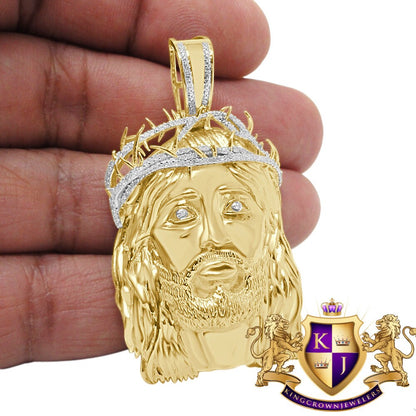 Mens Real Genuine Natural Diamond Jesus Face Piece 10K Yellow Gold Finish Pendent Charm 2.25''