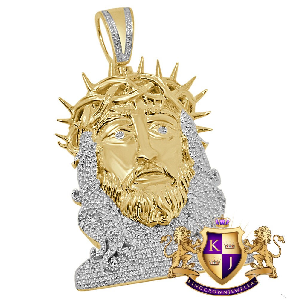 Real Genuine Diamond Jesus Thorns Face Piece 10K Yellow Gold Finish Pendent Charm 2.15''