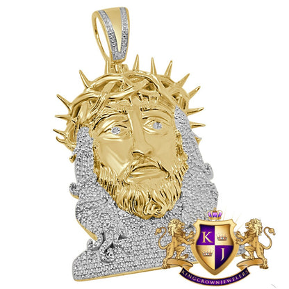 Real Genuine Diamond Jesus Thorns Face Piece 10K Yellow Gold Finish Pendent Charm 2.15''