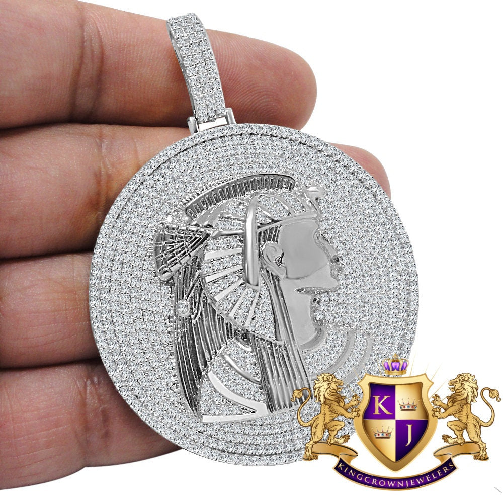 XL 2.85 '' Real Genuine White Gold On Sterling Silver Egyptian Queen Nefertiti Pendant Charm Medallion