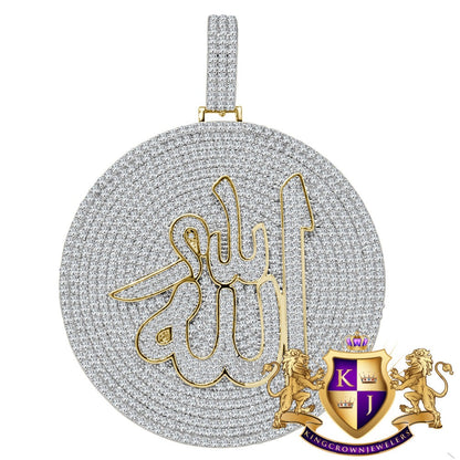 Real Yellow Gold Sterling Silver Simulated Diamond Allah God Muslim Islamic Medallion Charm Pendent Big 2.85''