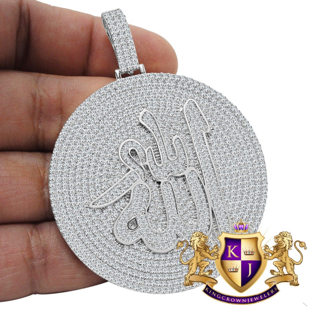 Real White Gold Sterling Silver Simulated Diamond Allah God Muslim Islamic Medallion Charm Pendent Big 2.85''