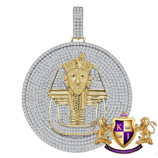 40 + Grams Big 2.85 '' 14K Yellow Gold On Genuine Real Sterling Silver Simulated Diamond Egyptian Queen Pharaoh Pendant Charm Medallion