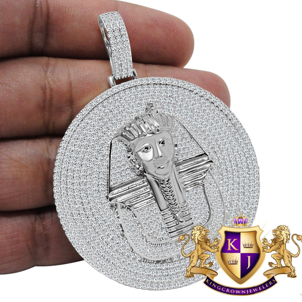 40 + Grams Big 2.85 '' 14K White Gold On Genuine Real Sterling Silver Simulated Diamond Egyptian Queen Pharaoh Pendant Charm Medallion