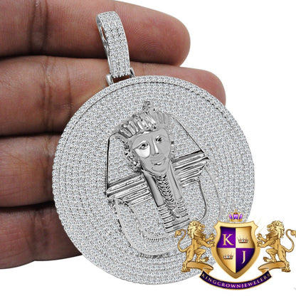 40 + Grams Big 2.85 '' 14K White Gold On Genuine Real Sterling Silver Simulated Diamond Egyptian Queen Pharaoh Pendant Charm Medallion