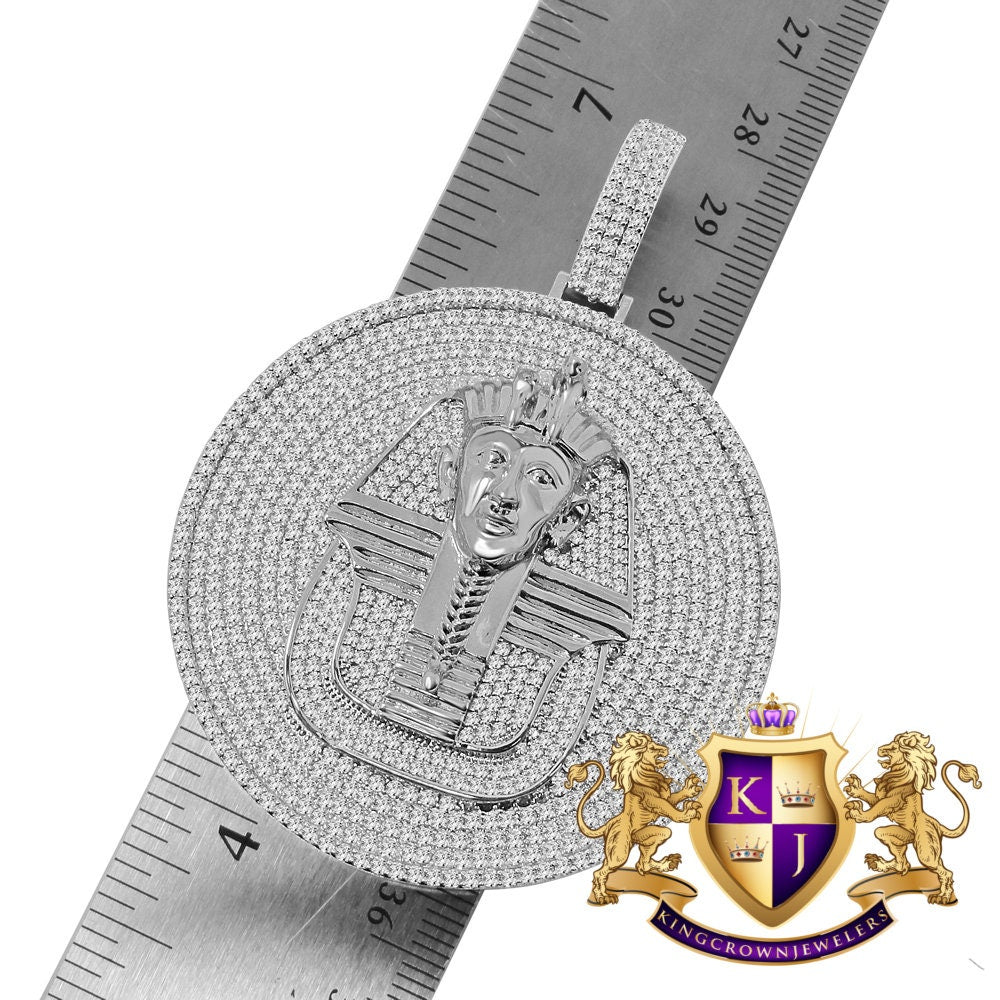 40 + Grams Big 2.85 '' 14K White Gold On Genuine Real Sterling Silver Simulated Diamond Egyptian Queen Pharaoh Pendant Charm Medallion