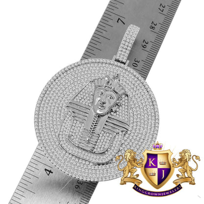 40 + Grams Big 2.85 '' 14K White Gold On Genuine Real Sterling Silver Simulated Diamond Egyptian Queen Pharaoh Pendant Charm Medallion