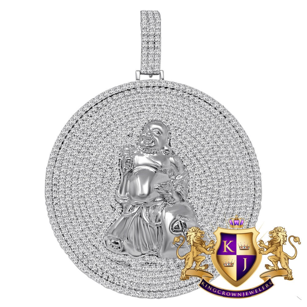 Custom Piece Real Sterling Silver White Gold Tone Buddha With Money Bag Pendent Charm Medallion XL 2.85''