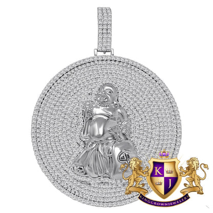 Custom Piece Real Sterling Silver White Gold Tone Buddha With Money Bag Pendent Charm Medallion XL 2.85''