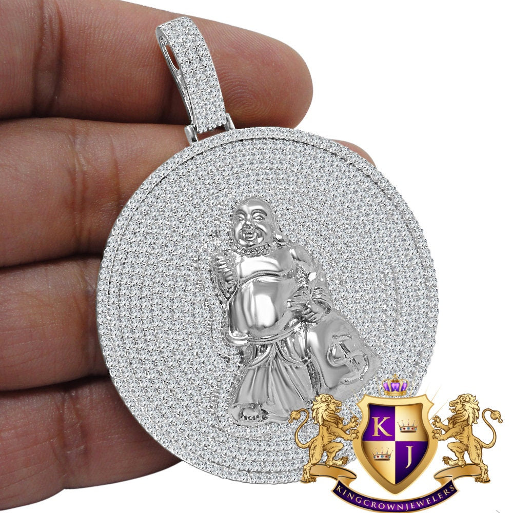 Custom Piece Real Sterling Silver White Gold Tone Buddha With Money Bag Pendent Charm Medallion XL 2.85''