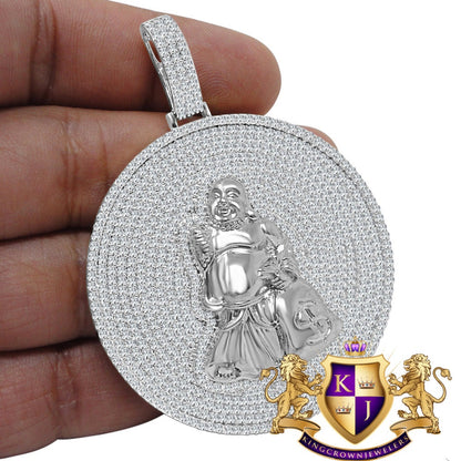 Custom Piece Real Sterling Silver White Gold Tone Buddha With Money Bag Pendent Charm Medallion XL 2.85''