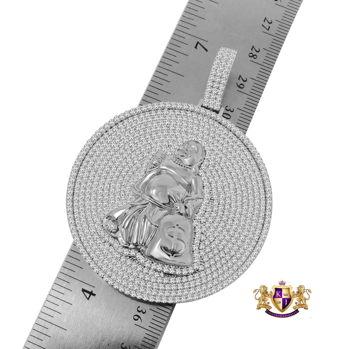 Custom Piece Real Sterling Silver White Gold Tone Buddha With Money Bag Pendent Charm Medallion XL 2.85''