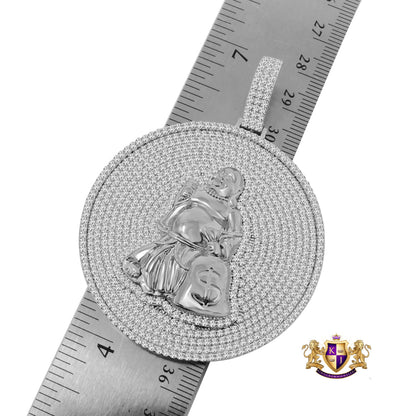 Custom Piece Real Sterling Silver White Gold Tone Buddha With Money Bag Pendent Charm Medallion XL 2.85''
