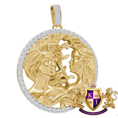 3D XL 2.75'' Genuine Sterling Silver Gemini Twins Face Lucky Zodiac Sign Astrology Horoscope Pendent Charm